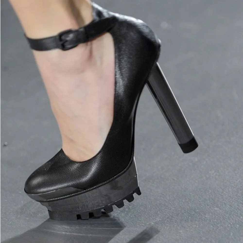 Vintage runway Calvin Klein Collection black leather heels metal platform 7.5